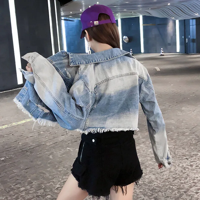 Femmes Trou Court Jeans Manches Denim Gland Vestes Hip S Tops Déchiré Light Bombardier Longues Boyfriend Veste xl Hop Harajuku Blue Manteaux Lâche C0Iqdwwn