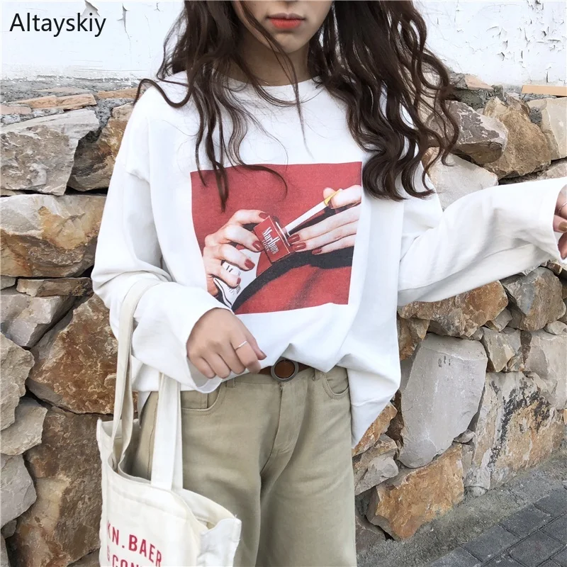 

T-shirts Women 2019 Summer Loose Korean Style Leisure Womens O-Neck Print Full Sleeve Female Comfortable Daily Trendy Simple