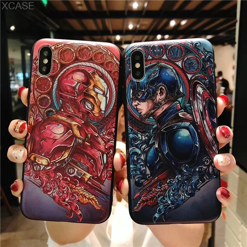

Fashion 3D Marvel Angry Embossed Captain America Iron Man Heroes Case for iPhone X XS Max XR 5 5S SE 6 6S 7 8 Plus Cover fundas