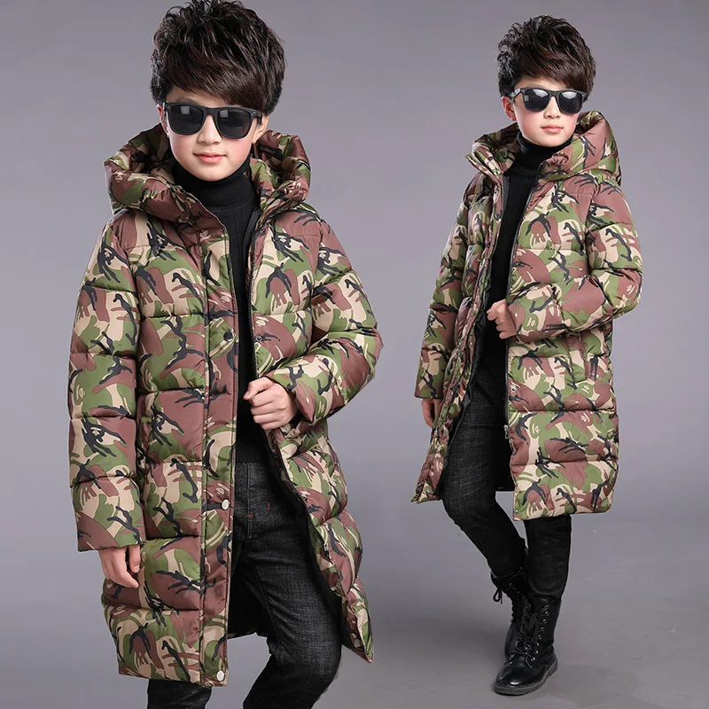 

Winter Kids Boys Coat for 4 6 8 10 to 12 14 Years Camouflage Print New Cotton-padded Jacket Boys Hooded Thicken Long Coat 5R25A