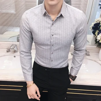 

YC041*Q Grey Stripe embroidery fresh long sleeved shirt male long sleeved shirt size bar nightclub metrosexual man P50