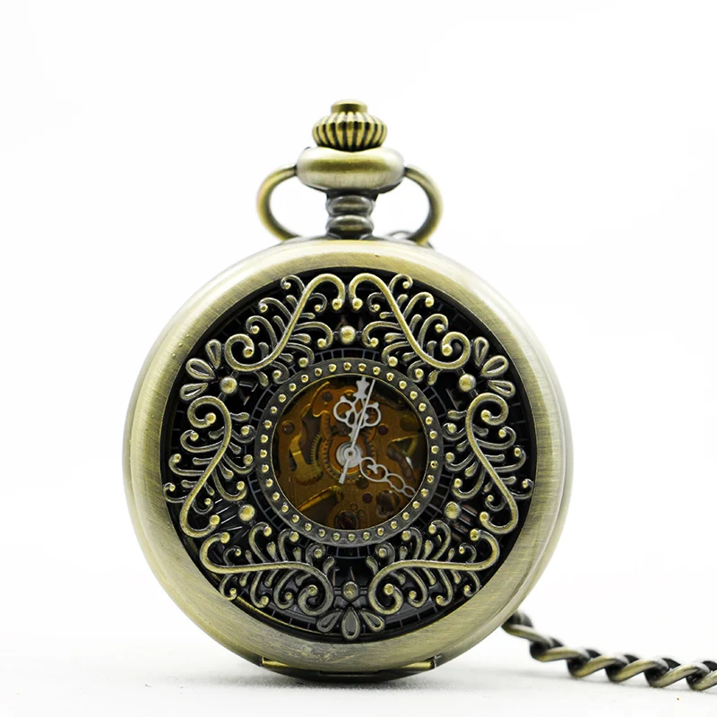 Цветок Бронзовый Рука Ветер Скелет Механические карманные часы Для мужчин Для женщин Часы цепи подарок
