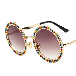 Алмазные Круглые Солнцезащитные очки женские 2018 Роскошные брендовые дизайнерские хрустальные Солнцезащитные очки женские сплав рамка