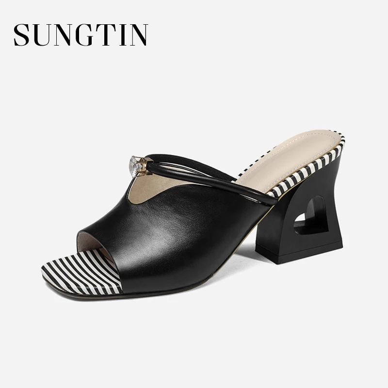 

Sungtin Women Fashion New Summer Pumps Woman Black White Casual Genuine Leather Mules Ladies Peep Toe Crystal High Heel Shoes