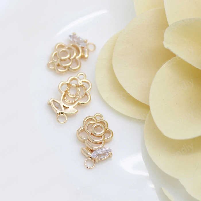 

4PCS 10x15MM 24K Champagne Gold Color Plated Brass with Zircon Rose Charms Pendants High Quality Diy Jewelry Accessories