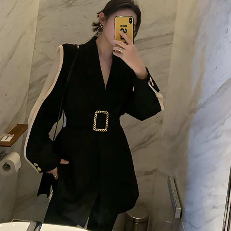 Greatest  [EAM] 2020 New Autumn Winter Lapel Long Sleeve Hit Color Split Joint Loose Temperament Jacket Women