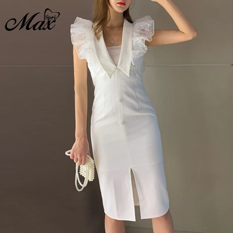 

Max Spri 2019 Summer New Collection Office Lady V Neck Ruffled Sleeves Back Lace Front Split Midi Women Party Elegant Dress