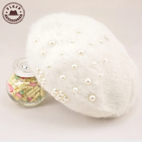 

Boina Feminina women beret Pearl Hat Rabbit Hair Knitted Female berets Winter Warm Women Hats