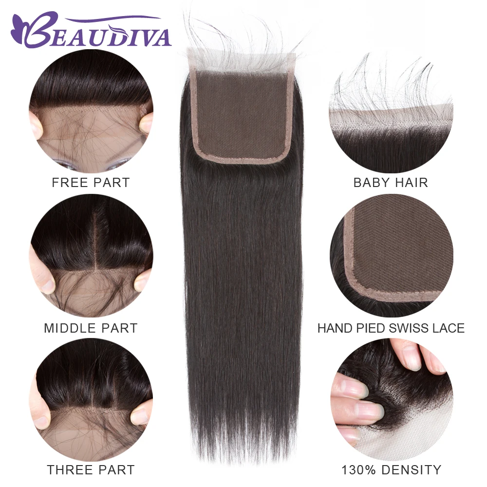 Beaudiva Hair Extension 100% Human Hair Bundles With Closure Brazilian Hair Weave 3 Bundles Straight Bundles With Lace Closure