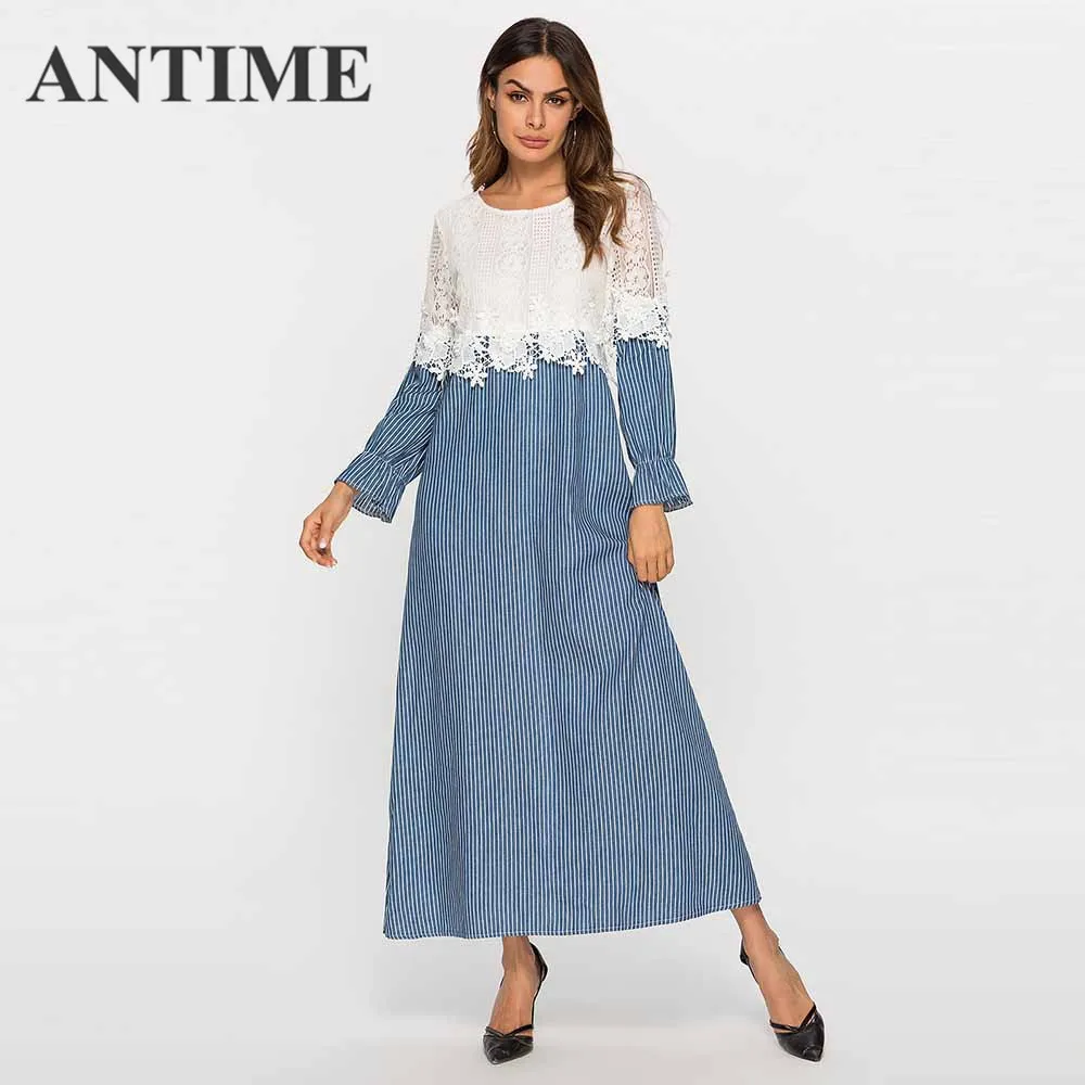 ANTIME Dresses Long Ankle Length O Neck Autumn A Line Striped Lace Long