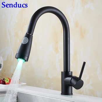 

Senducs Pull Out LED Kitchen Faucet Hot Sale Brass Kitchen Sink Faucet Pull Down Kitchen Water Tap Led Hot Cold Water Faucet