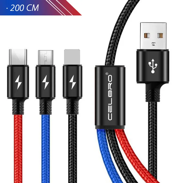 3 в 1 телефон USB Microusb кабель 2 метра Usb C короткий кабель несколько Usb зарядное устройство кабель для samsung Android автомобильный Usb зарядный шнур 2 м - Тип штекера: 200CM Cable Only