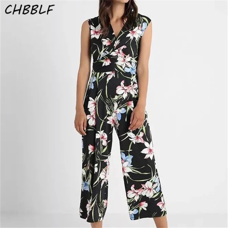 CHBBLF women vintage floral V neck jumpsuits bow tie sashes sleeveless
