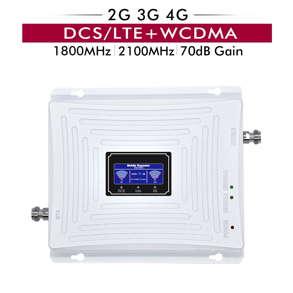 70dB Gain 20dBm Band 3 DCS/LTE 1800mhz+Band 1 WCDMA 2100mhz Mobile Phone Signal Booster Dual Band Cellular Repeater Amplifier