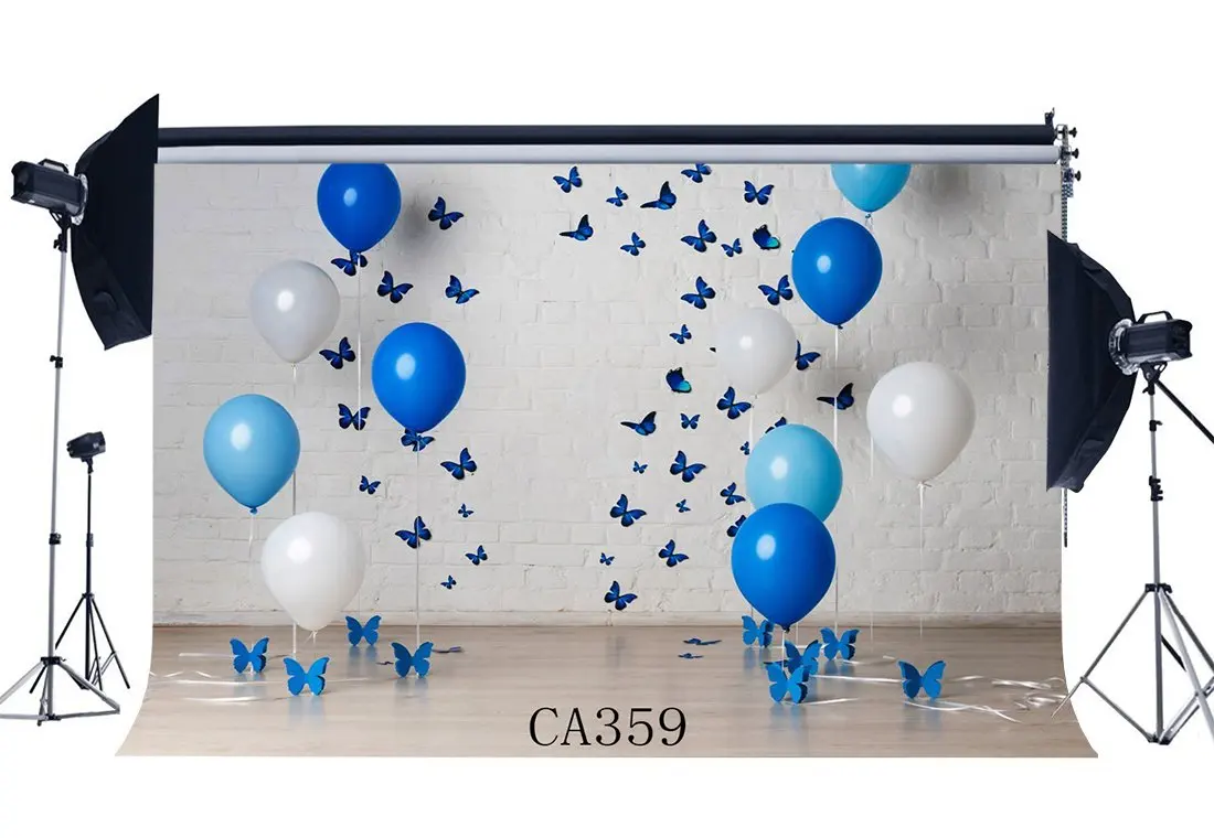 

Photography Backdrops Happy Birthday Balloons Butterfly Weathered Brick Wall Vintage Wood Floor Background