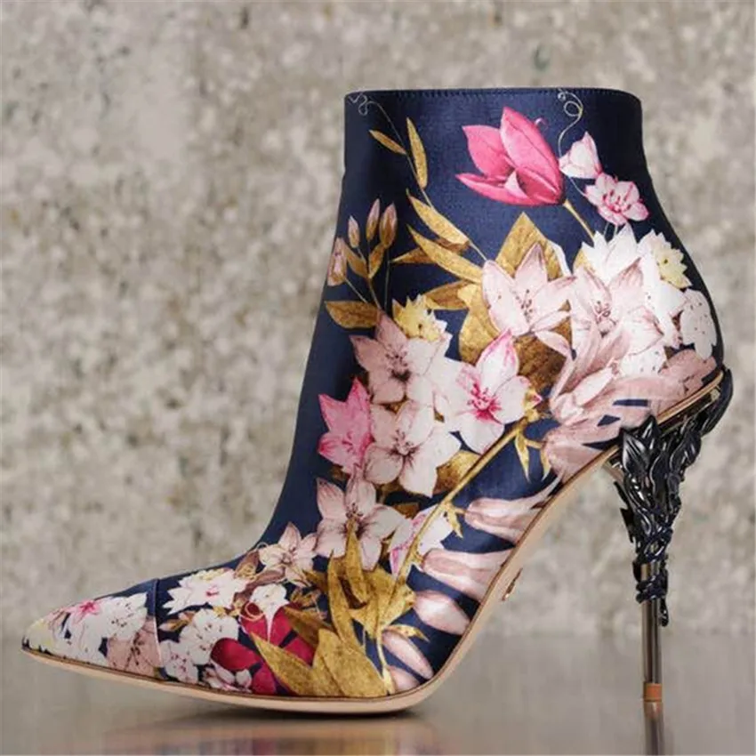 

Fashion Flowers Print Women Ankle Boots Pointed Toe Designer Heel Short Booties Women Pumps Botines Mujer High Heels Dress Shoes