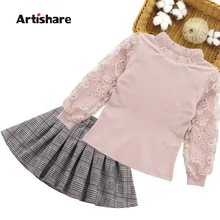 Комплект одежды для детей, осенняя одежда для девочек-подростков, детская Кружевная футболка+ юбка, костюмы из 2 предметов для девочек 6, 7, 10, 11, 12 лет