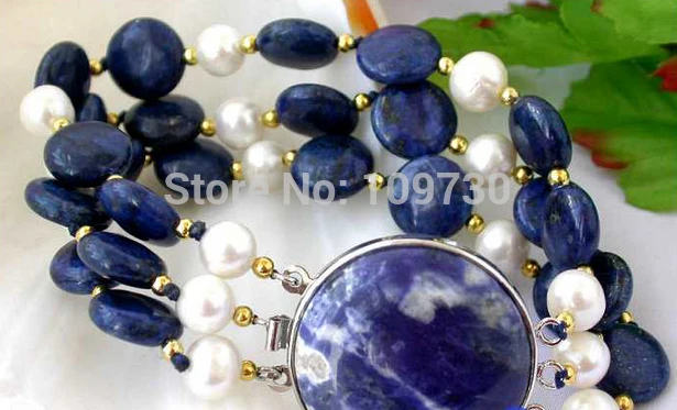 

001347 3ROW 12MM NATUREL blue coin lapis lazuli pearl BRACELET