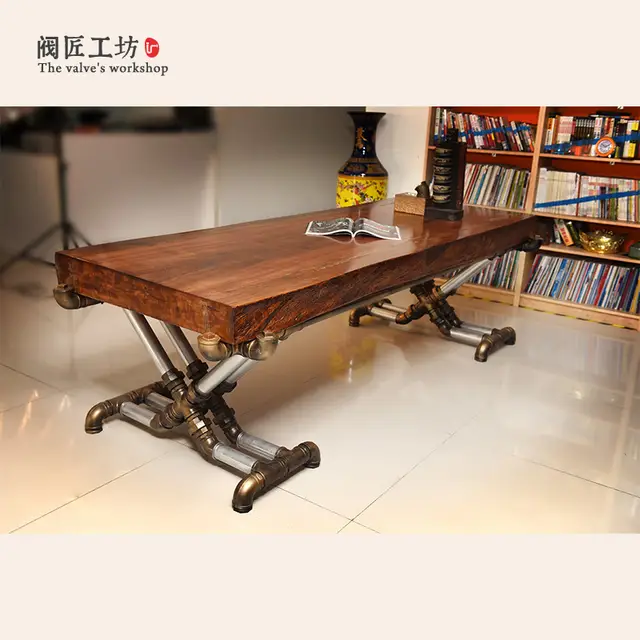 American Retro Industrial Wood Old Wrought Iron Tables Vintage