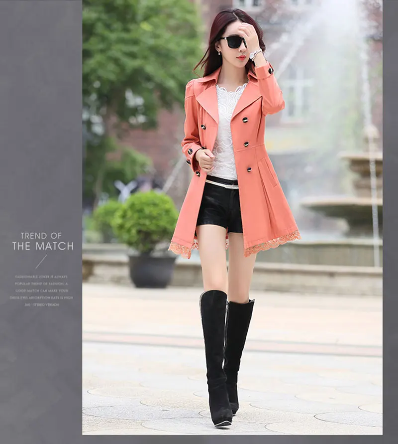 Тренчкот женский тонкий двубортный тренчкот кружевной особенно женский Женская Повседневная ветровка верхняя одежда размера плюс плащ а015 - Цвет: pink autumn jacket
