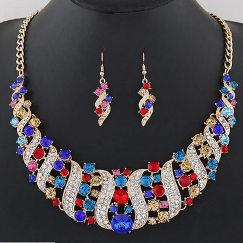 

Luxury Colourful Crystal Water Drop Necklace For Women Necklaces Pendants earring Jewelry Sets Crystal Resin Collares Statement