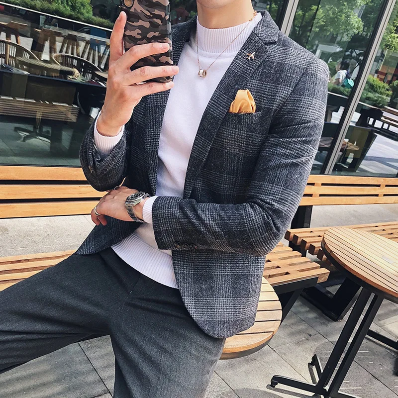 2019 autumn men's casual suit Korean version of the self-cultivation small suit business youth handsome plaid trend single coat