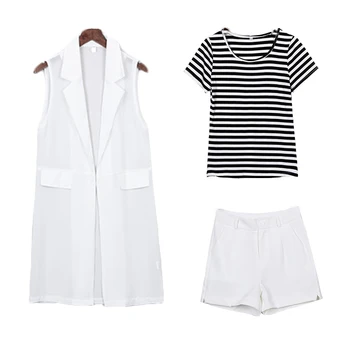 

2019 Spring Summer New Foreign Gas Three-Piece Chiffon Vest + Striped +Shirt +Suit Shorts Fashion Leisure Slim Net Red Suit A47