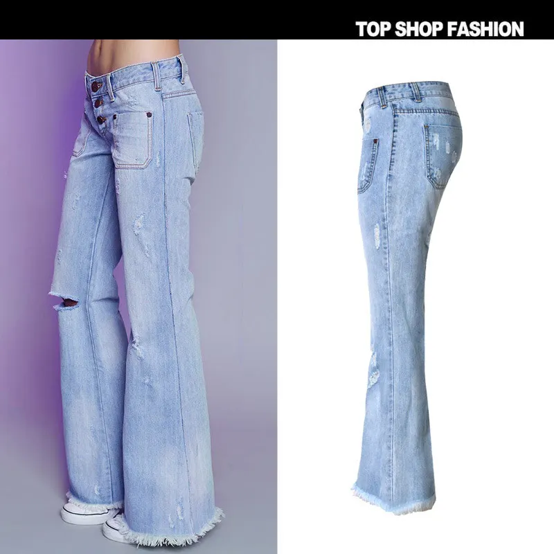 BringBring весенние рваные джинсы для женщин с отверстиями хлопок Широкие джинсовые брюки светло-голубые джинсы для женщин 1867