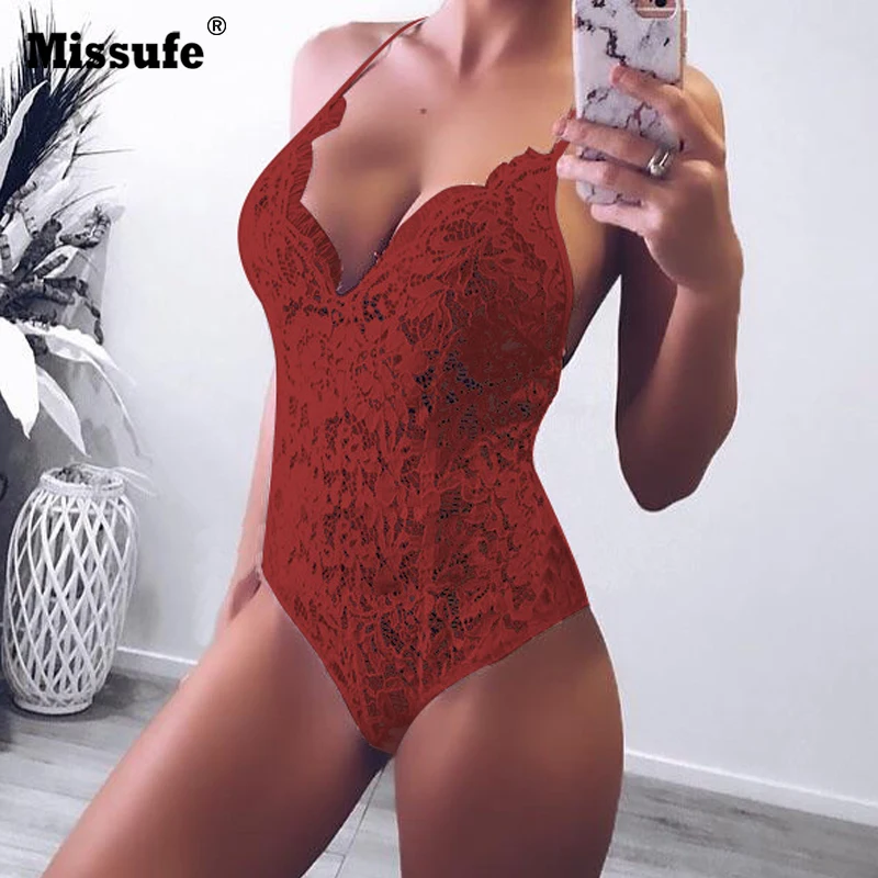 Missufe Rompers Female Jumpsuit Slim Women Bodysuits Sexy V Neck Lace Bodysuits Skinny Off Shoulder Jumpsuit