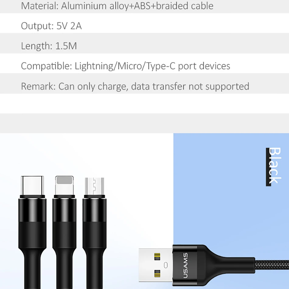 USAMS 3 в 1 кабель для передачи данных для мобильного телефона type C Micro USB для iPhone X 8 7 6 iPad Зарядка samsung Microusb USB C для освещения кабель