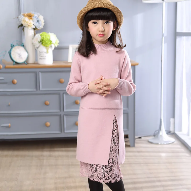 

Children's Girl Autumn Lace Joint High Lead Knitting Upper Garment Cotton Sweaters