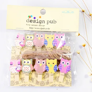 

10 pcs/lot Kawaii Cartoon Owl Wooden Clip Photo paper Clothespin Craft Clips Party Decoration Clip with Hemp Rope