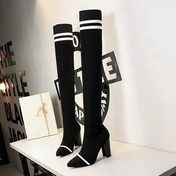 

2019 Winter Women's Boots High Quality Pointed Knitting Over Knee Boots Western Women's Shoes High Heels Sexy Boots