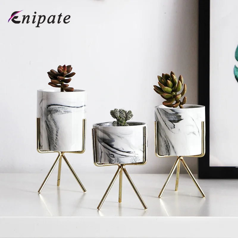 

Enipate Nordic Minimalism Style Marble Pattern Golden Ceramics Iron Art Vase Tabletop Flower Pot Home Wedding Living Room Decor