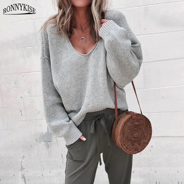 RONNYKISE Sexy V-neck Knitted Sweaters Women Fashion Long Sleeve Casual Tops Autumn Winter Sweaters 8