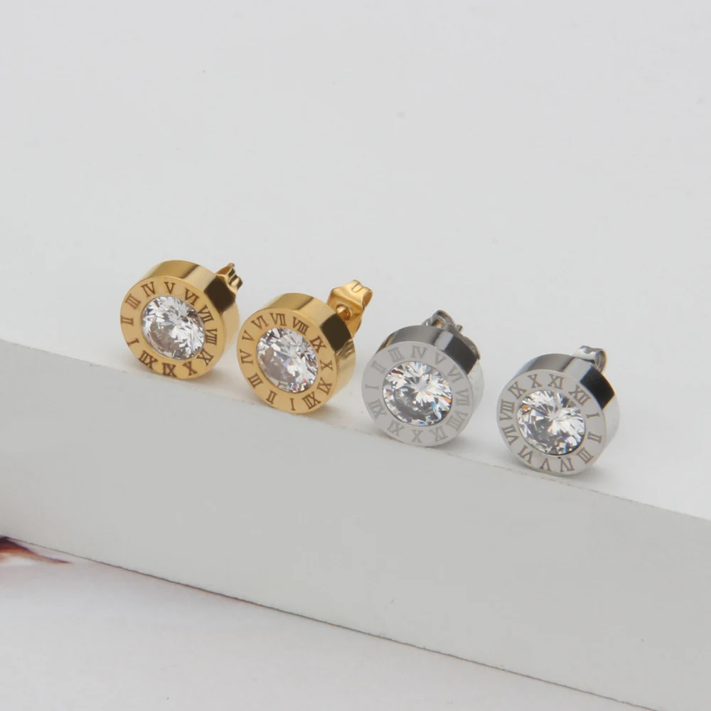 Luxury Titanium Steel Gold Silver Roman Numerals Stud Earrings for