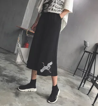 

NiceMix 2019 Cranes Animal Embroidery Calf Length Elastic Waist Straight Wide Leg Pants Summer Korean Kpop Harem Hiphop Trouser
