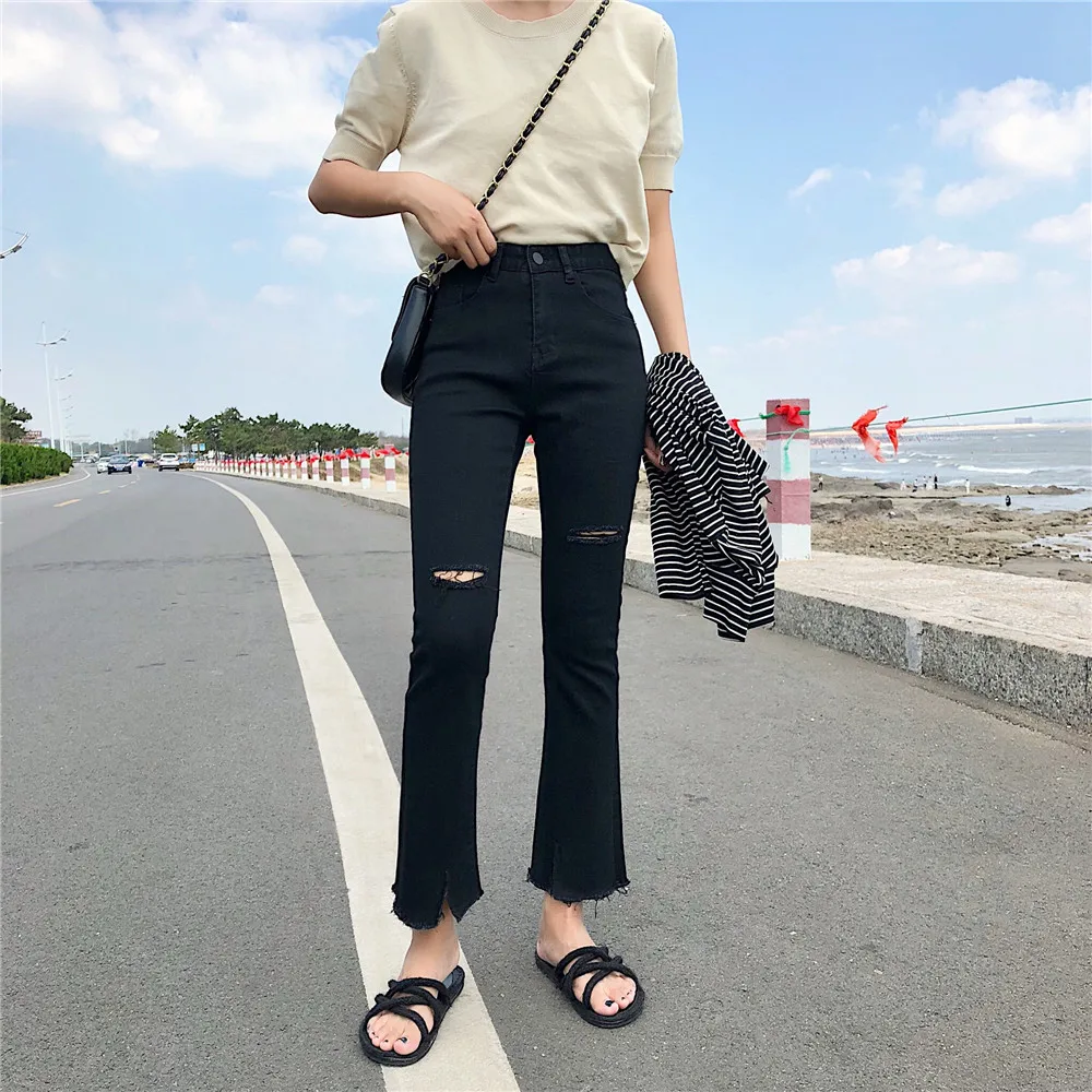 S-xl осенние расклешенные джинсовые брюки с высокой талией черные рваные джинсы женские повседневные брюки с широким клешем(Z8322
