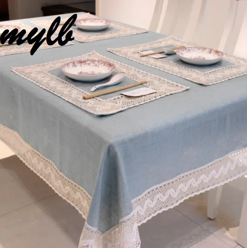 

mylb Simple Europe Blue Tablecloth Linen Cotton Lace Edge Rectangular Dust Proof Table Covers for Tea Table Fridge High Quality