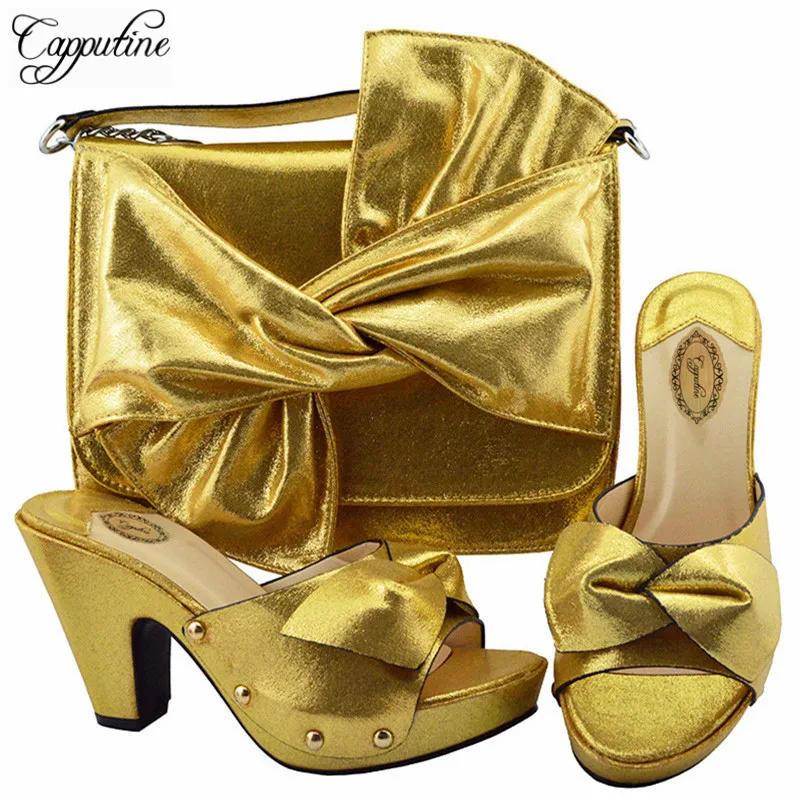 

Capputine 2018 Charming Italian Shoes With Matching Bags African Pretty Gold Color Pumps Shoes And Bags Set For Party On Stock