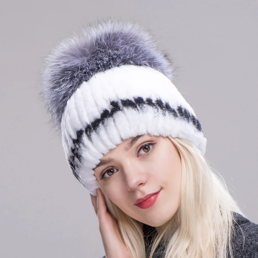 FXFURS зимняя шапка из меха кролика рекс для взрослых женщин с лисьим помпоном