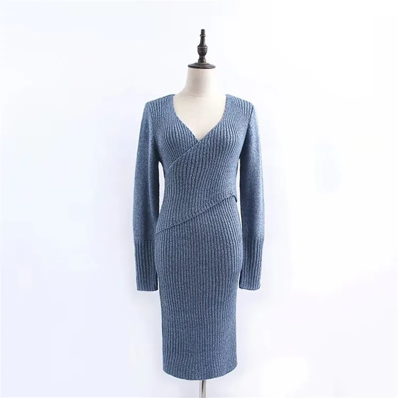 

2018 Spring New European And American Wind Repair Thin V Collar Cross Dress Woman, The Bottom Of The Knitted Warm Dress Woman