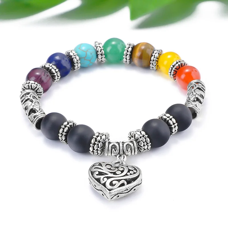 

SA SILVERAGE Natural Stone Men Energy Trendy Handset Colorful Yoga Bracelet Handmade Beaded Men's Heart Pendant Strand Bracelets