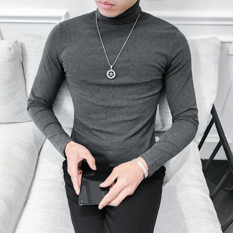 

Fashion 2018 Autumn Winter T-Shirt Men Brand New Slim Fit Casual Turtleneck Elastic Mens T Shirts Long Sleeve Tee Shirt Homme