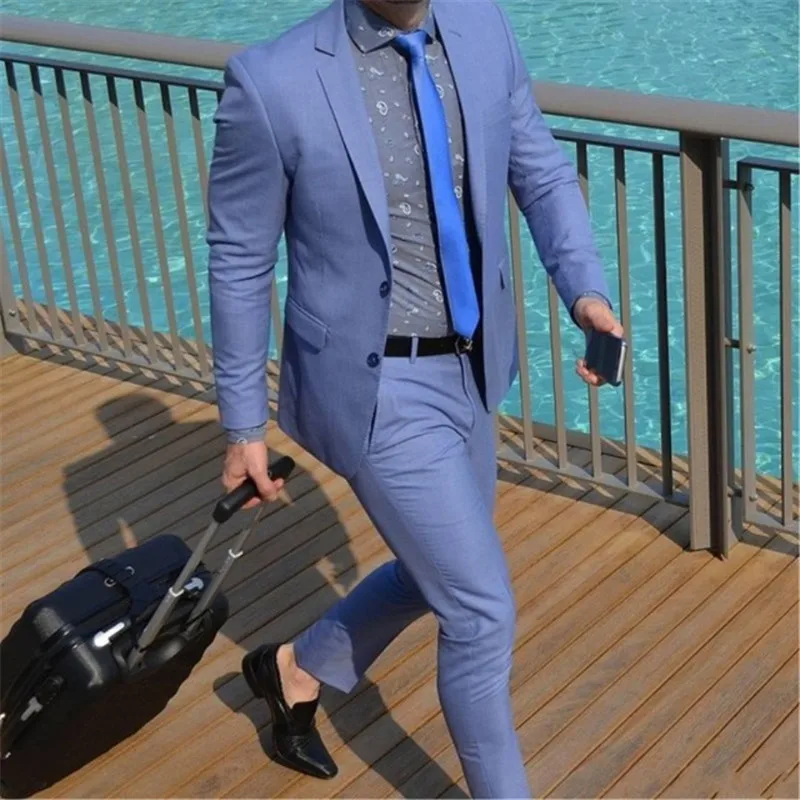 Светло-голубой мужской пиджак и пальто Slim Fit смокинг Свадебные костюмы для мужчин на заказ бизнес 2 шт. Блейзер летний пляжный костюм для