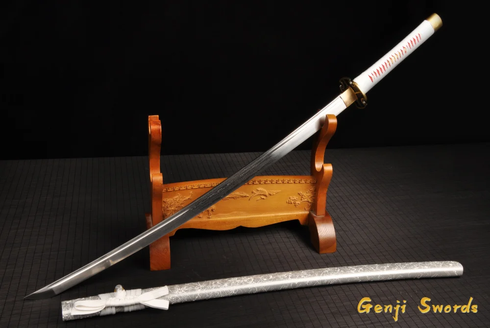 Japanese Samurai Sword White Drawing Sheath Folded Damascus Steel Real Katana Sharp Edge Can Cut Bamboo