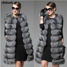 Aikooki Faux Fox Women Winter High-Quality Luxury Fluffy Imitation Fox Fur Vest Women Long Warm Sleeveless Fashion Imitation Fur