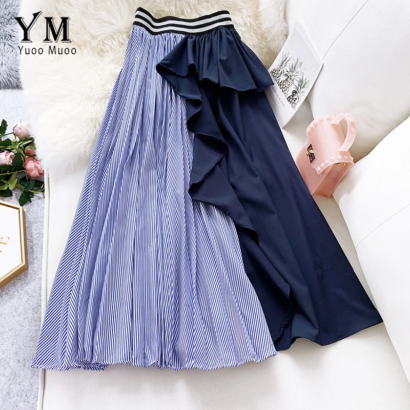 

YuooMuoo Good Quality 2019 Women Pleated Skirt Autumn Striped Contrast Color Ruffle Skirt Ladies Vintage High Waist Long Skirt