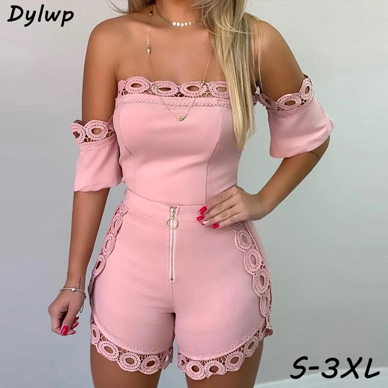 

2 Piece Set Women Sexy Off Shoulder Top And Shorts 2019 Summer Solid Color Hollow Out Lace Stitching Slim Ladies Two Piece Set