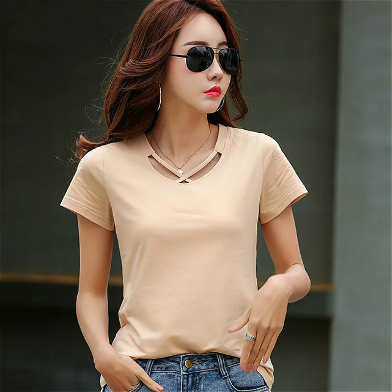 

Clothes Shirts Shirt Plus Size Women T Shirt 2019 Clothing Hole Short Solid V-Neck Women